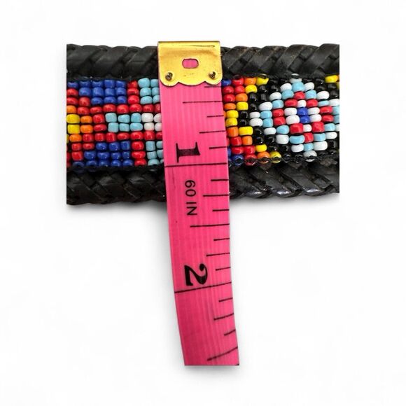 VTG Hand Beaded Leather Belt Silver Buckle 1991 Womens Size 30 Southwest Black - Picture 9 of 9